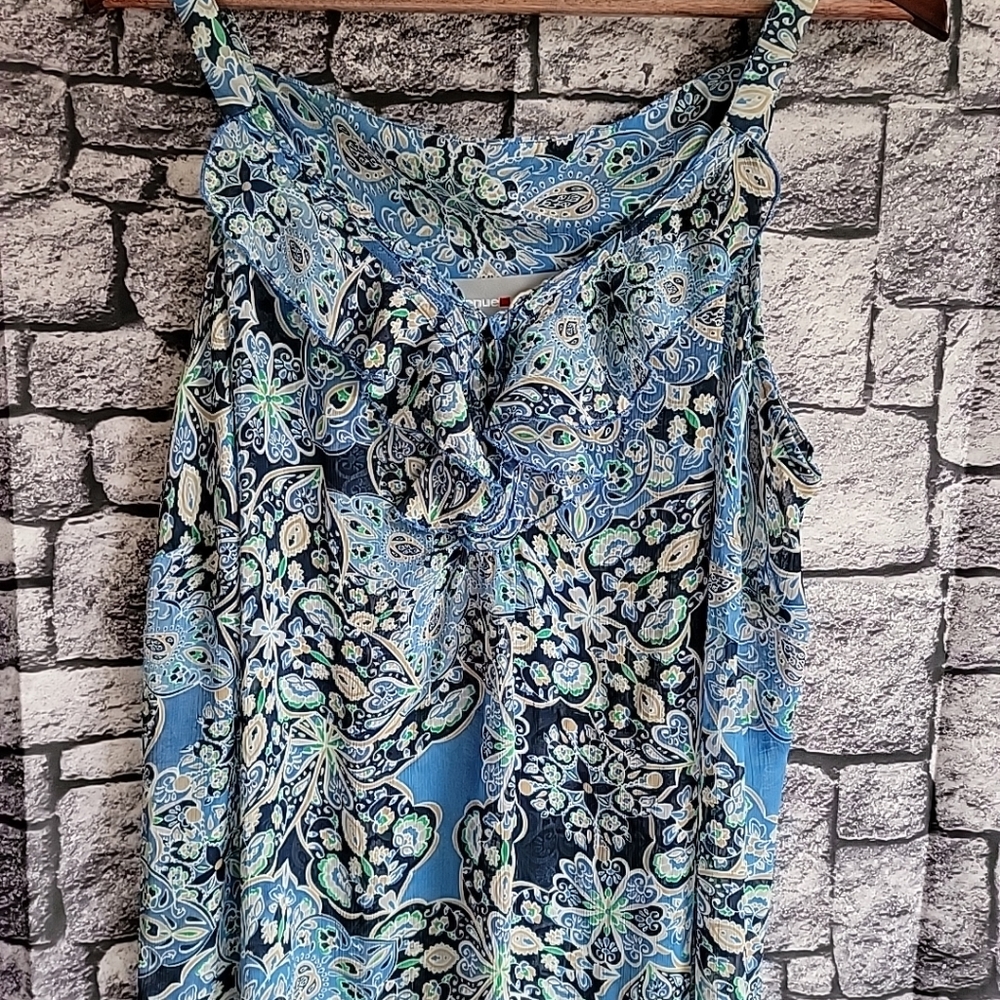 Avenue Studio Plus Size 18/20 Semi Sheer Tank Top Ruffle Front Blue Floral